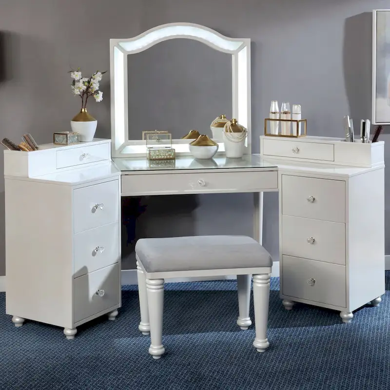 Furniture of America Ulru Transitional Solid Wood 3-Piece Makeup Vanity Set with LED
