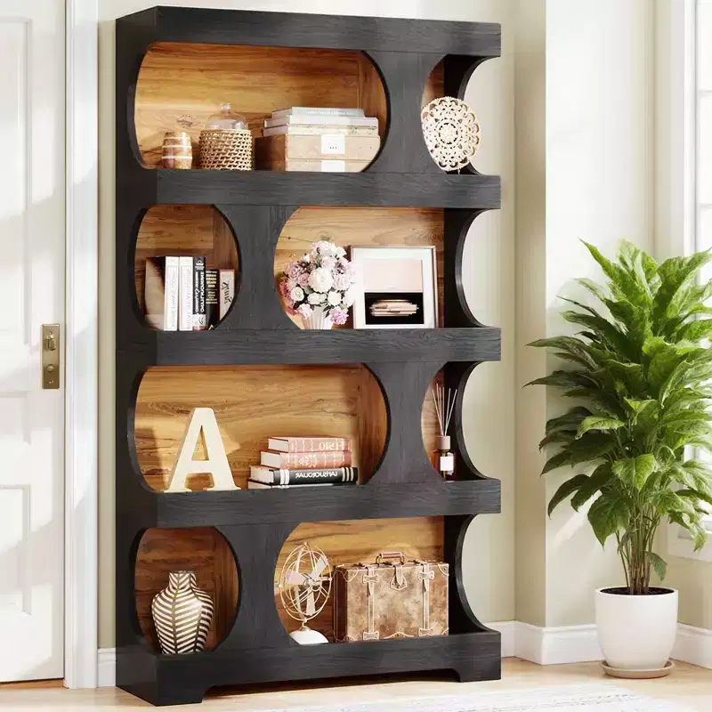 4-Tier S-Shaped Tall Bookcase Modern Black & Brown Two-Tone Classic Design