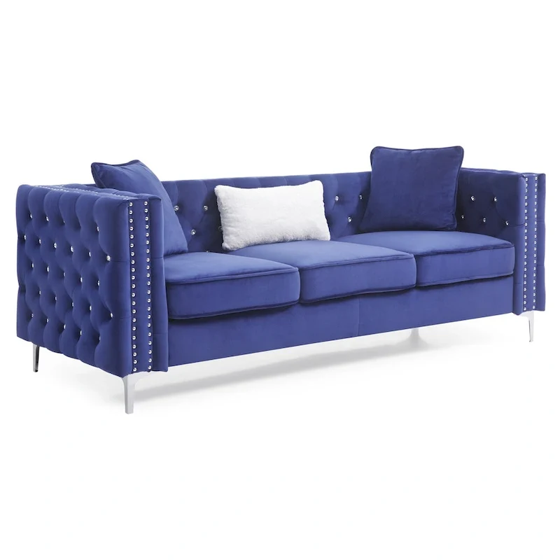 Paige 86 in. Tufted Velvet 3-Seater Sofa with 2-Throw Pillow - 86L x 34W x 30H