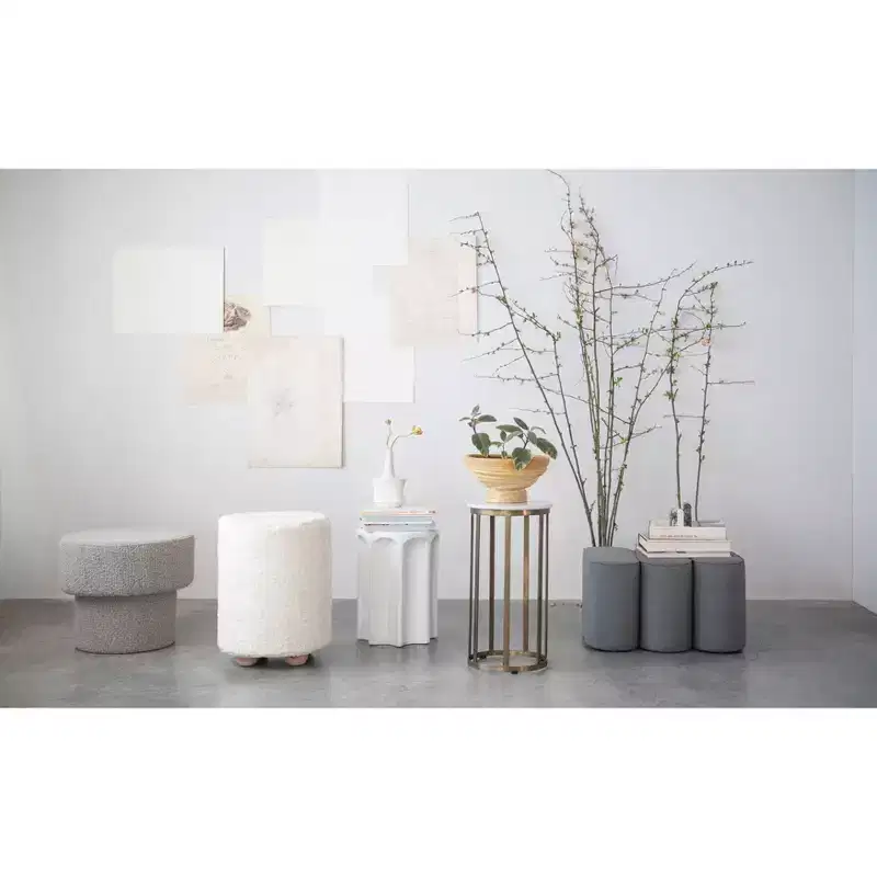 Square Cotton Velvet Pouf with Piped Detail Cream: Upholstered Footstool, Pine Wood Base, 330lbs Capacity