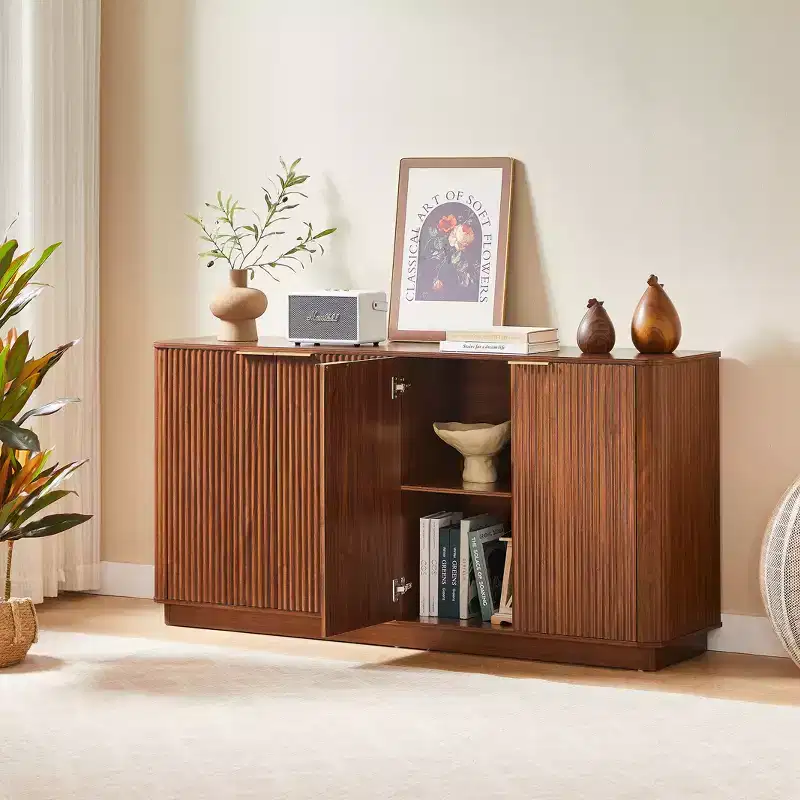 JVNOXK 63 Vertical Stripe Buffet Cabinet Sideboard with Storage, Curved Wave Design, Multi-Functional TV Stand for Living Room, Bedroom, Walnut