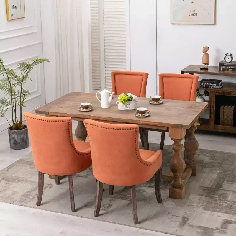 Okak Retro Dining Chairs Set of 2, Comfy Fabric Chairs with Thick Cushions, Kitchen Side Chairs with Solid Wood Legs Bronze Nail Head
