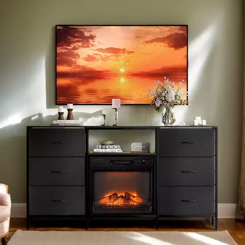 Farmhouse 58'' TV Stand For Tvs Up To 70'' With Electric Fireplace and 6-Drawer