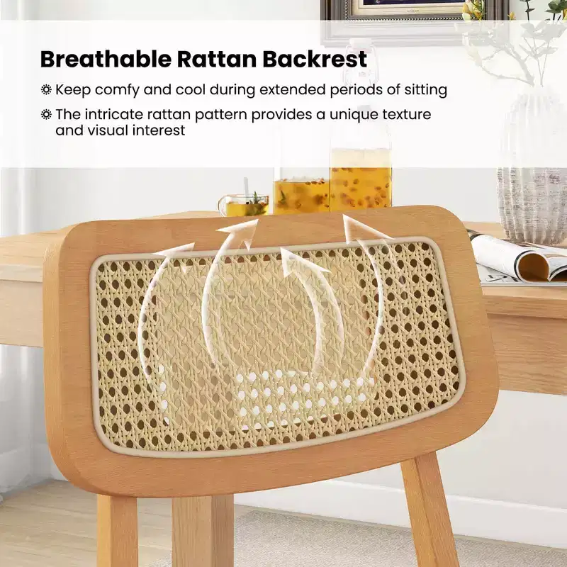 Costway Wooden Rattan Dining Chair Set of 2/4 with Can Back Rubber Wood Frame Padded Seat