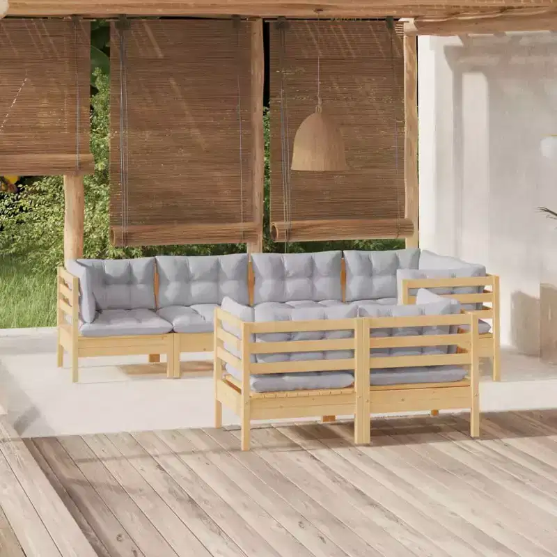 vidaXL 7 Piece Patio Lounge Set with Gray Cushions Solid Pinewood - Gray