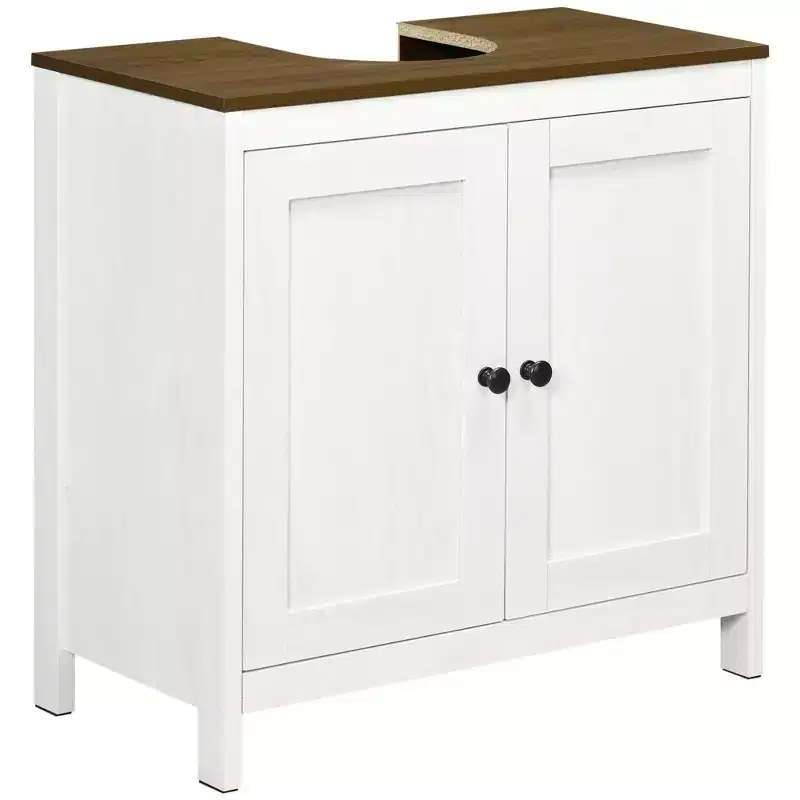 kleankin Bathroom Sink Cabinet, Floor Standing Under Sink Cabinet, Freestanding Storage Cupboard with Adjustable Shelf, Double Doors, Antique White