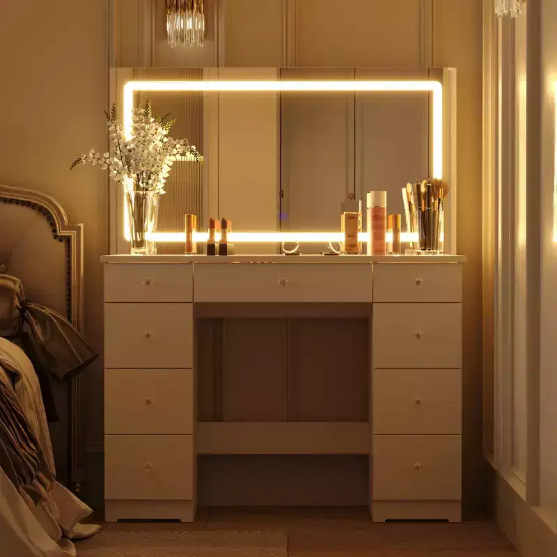 Famapy Elegant White Vanity: Large Mirror, Glass Top & Abundant Storage Vanity Table Makeup Vanity Desk Dressing Table Dresser