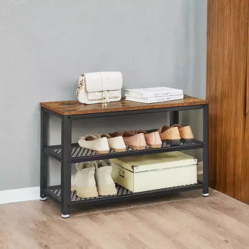 3-Tier Shoe Rack Bench with Metal Mesh Shelves