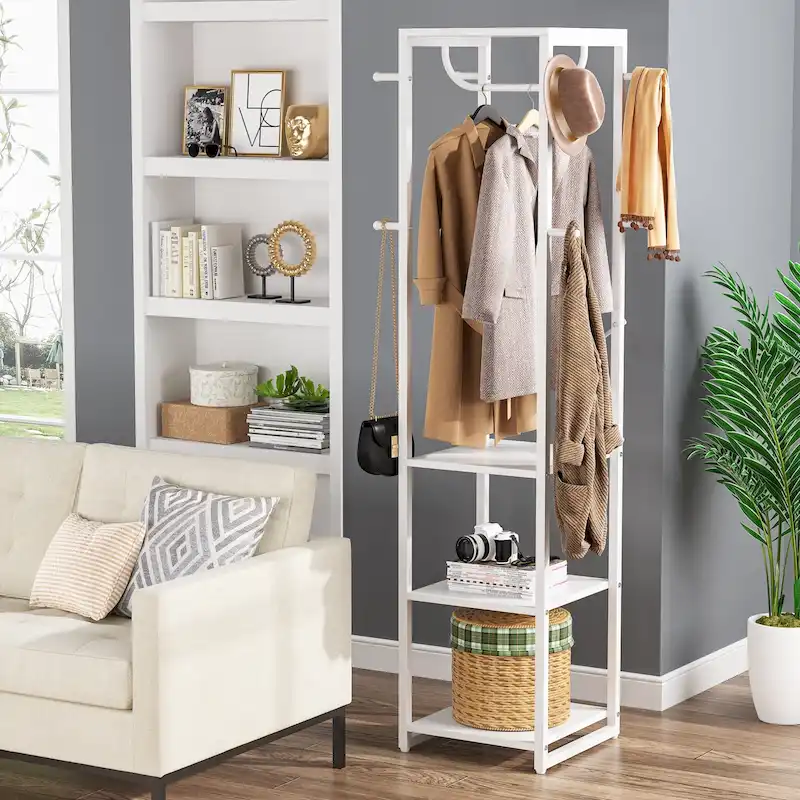 Freestanding Coat Rack with Shelves, 4 Shelves and 8 Hooks