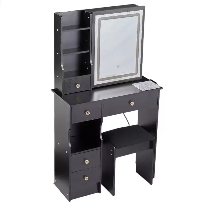 Modern Vanity Desk with Sliding LED Mirror, Three-Mode Lighting, Stool & Multi-Layer Storage for Small Spaces