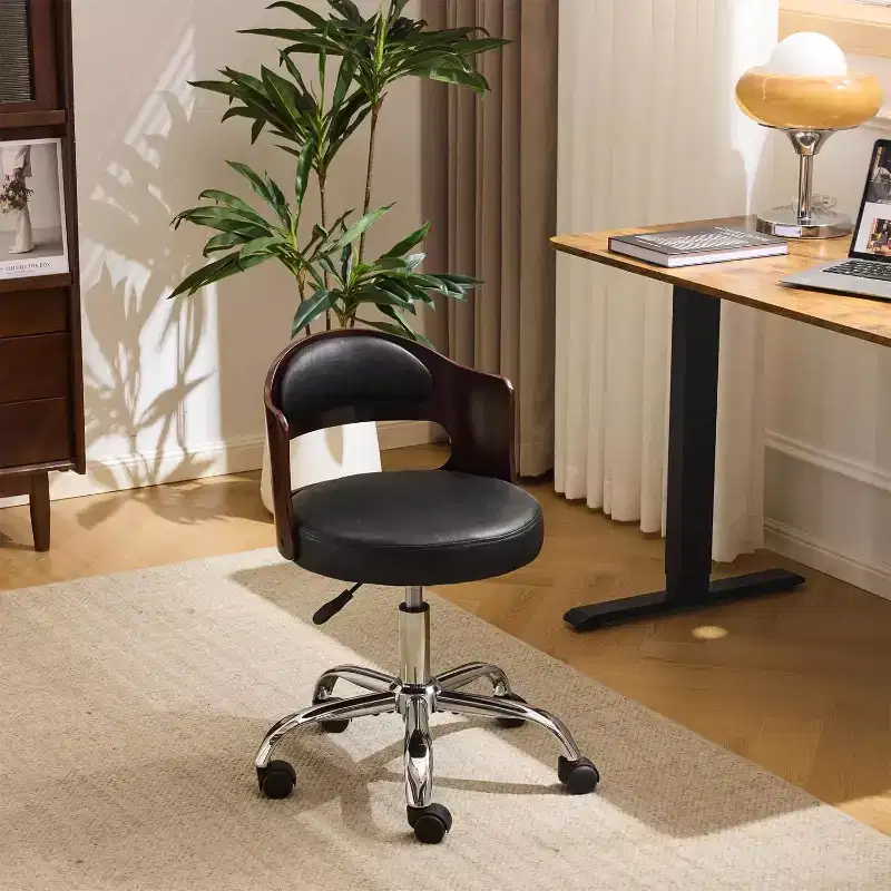 Armless Office Desk Chair, Dual-Use with or without Wheels, Adjustable Swivel Walnut Curved Task Chair for Study and Workspace