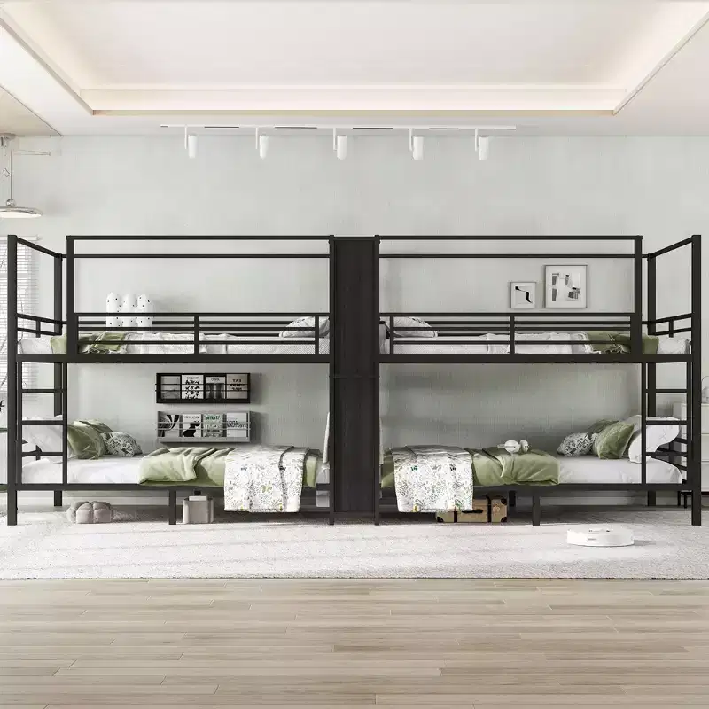 Queen size Quadruple Metal Bunk BedQuadruple Metal Bunk Bed with Built-in Storage Shelves and WardrobeSturdy Metal Frame with Noise-reduced Design