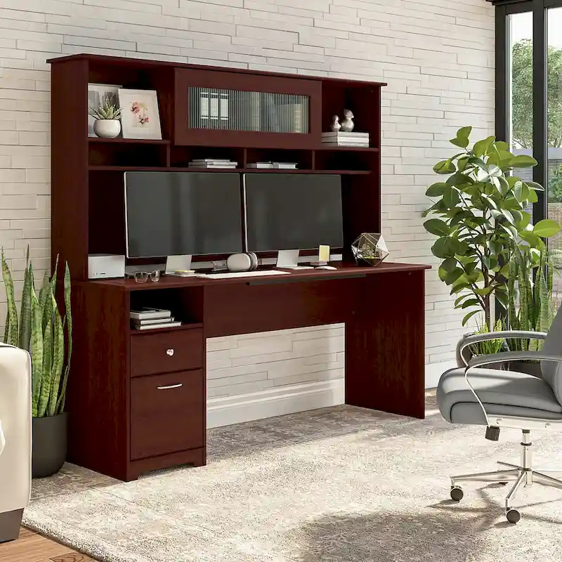 72W Computer Desk with Hutch and Drawers by