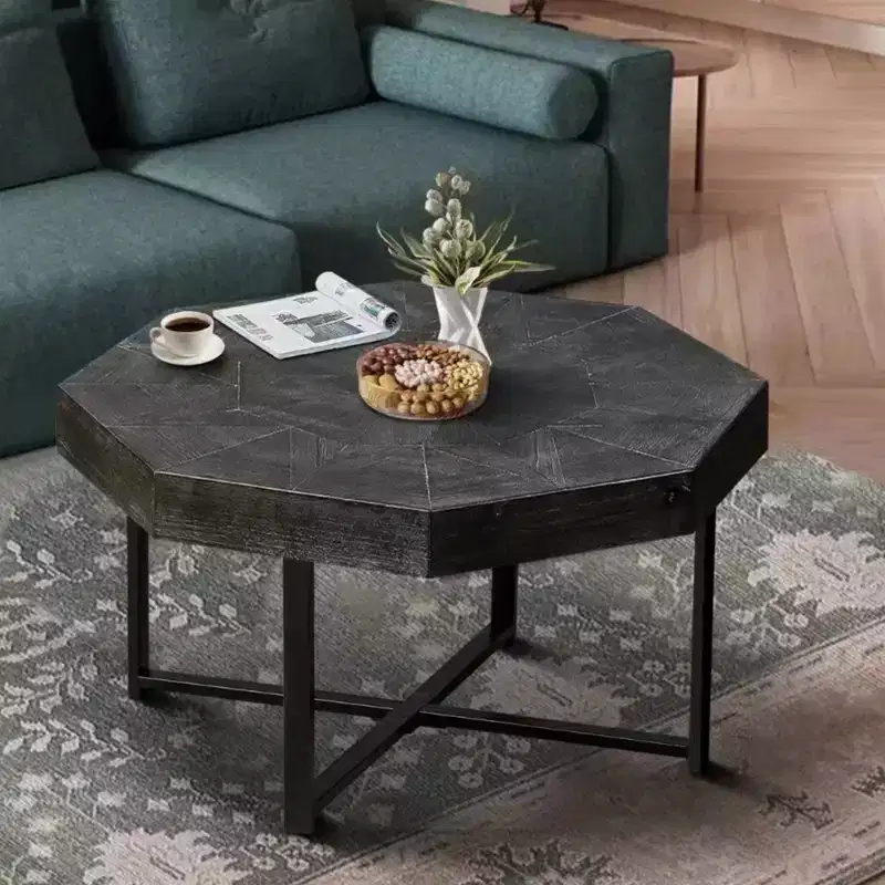 Clihome Wood Octagonal Vintage Patchwork Craft Farmhouse 30 Inch Wooden Table Top Cross Metal Legs Coffee Table for Living Room