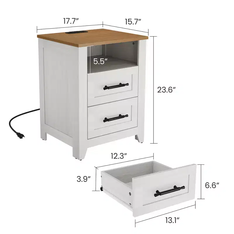 2 Pcs Farmhouse Nightstand with Charging Station  2 Drawers & Open Shelf, USB/Type-C/AC Outlets, End Table for Bedroom, Living Room