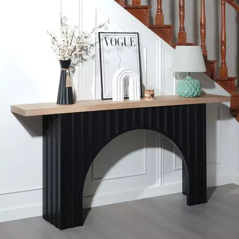 66IN Minimalist Console Table with Wooden Tabletop, Modern Entry Table with Arch Base, Accent Table for Entryway, Living Room, Black+Natural