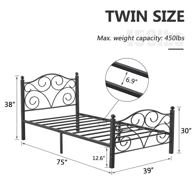 Metal Scroll Bed Frame with Upholstered Headboard & Footboard, 700 lb Capacity