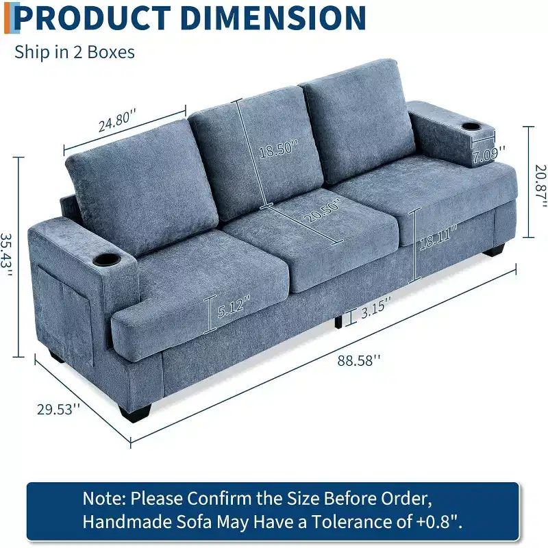 89 Modern Blue 3-Seater Sofa, Deep Seat with Cup Holders and Side Storage Pockets, for Living Room and Apartment