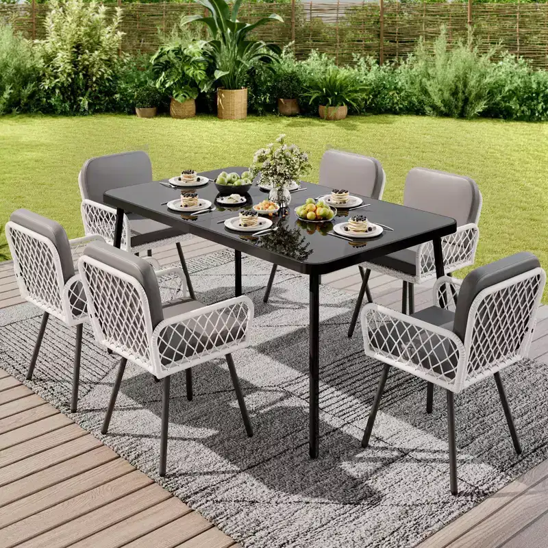 TROPOW Outdoor Dining Set, 150x90cm Black Metal Table with Tempered Glass Top & 6 Wicker Chairs, Patio Table and Chairs Set with Gray Cushions