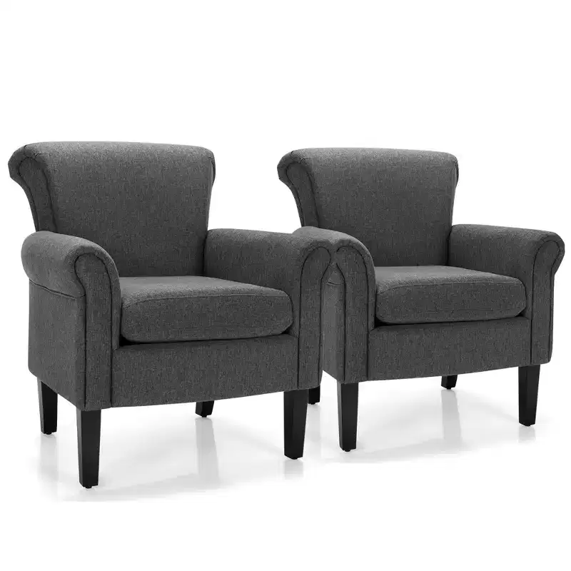 Set of 2 Upholstered Fabric Accent Chairs w/ Rubber Wood Legs, Dark Gray/Light Gray