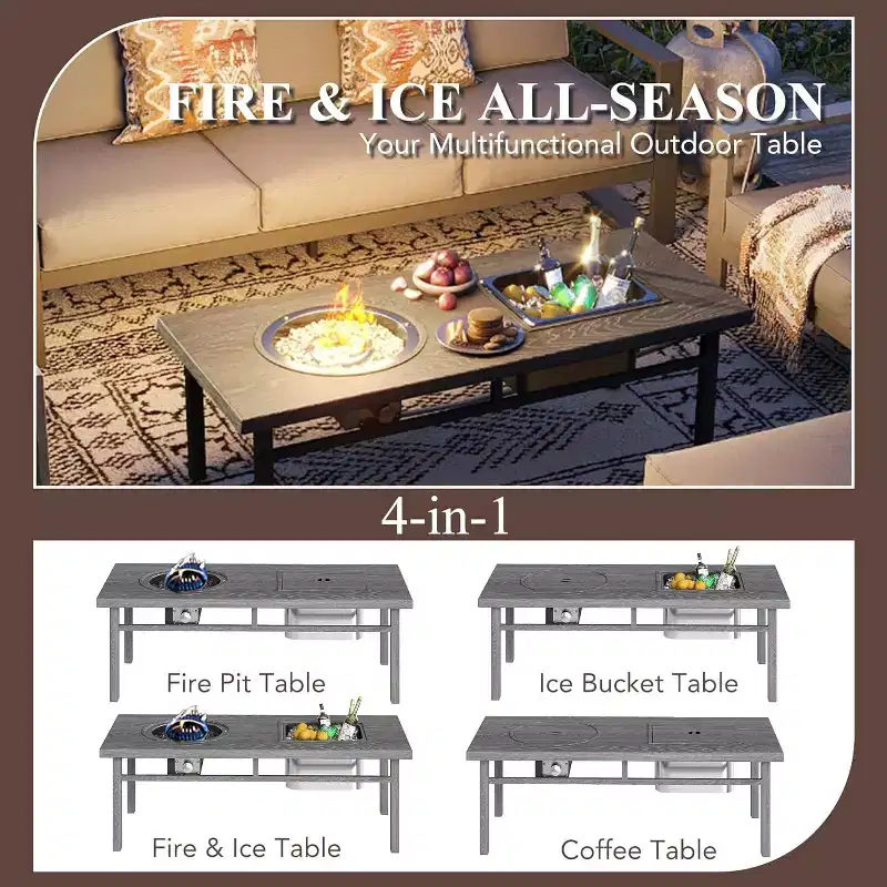 Heynemo Aluminum Patio Furniture Set with Fire Pit Table, 5 Pieces Modern Outdoor Seating Set Metal Sectional Couch Sofa and Coffee Table