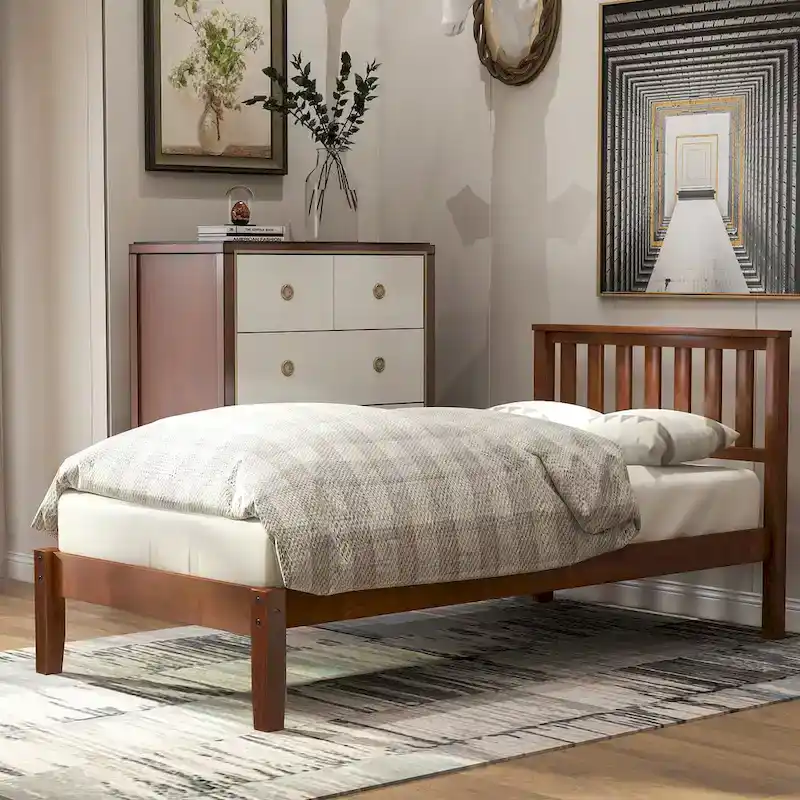 Wood Platform Bed With Headboard/Wood Slat Support.Twin (Walnut)