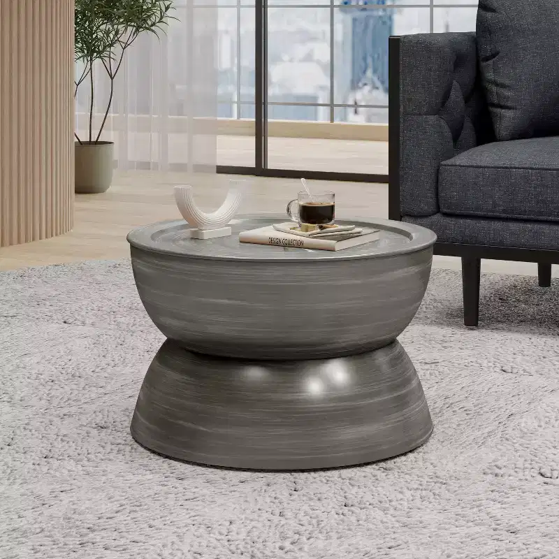 24W Metal Hammered Coffee Table Cocktail Table Center Table with Hourglass Design, Antique Silver