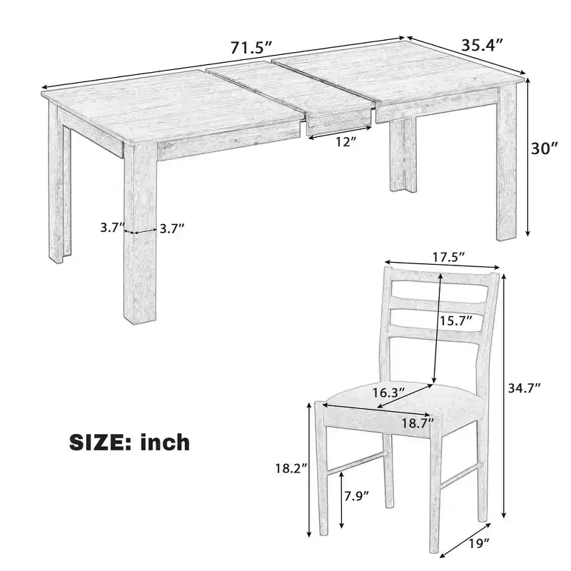 Whisen 7-Piece Wooden Dining Table Set Mutifunctional Extendable Table,12 Leaf and 2 Drawers, 6 Dining Chairs
