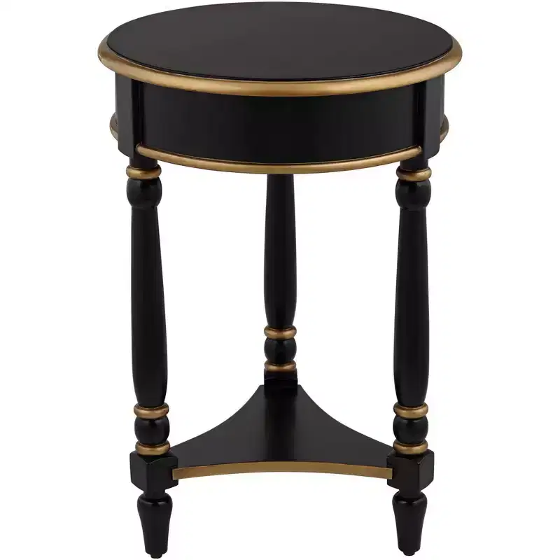 55 Downing Street Cason Vintage Wood Round Accent Side End Table 18 1/4 Wide with Shelf Black Gold Trim for Living Room Bedroom Bedside Entryway Home