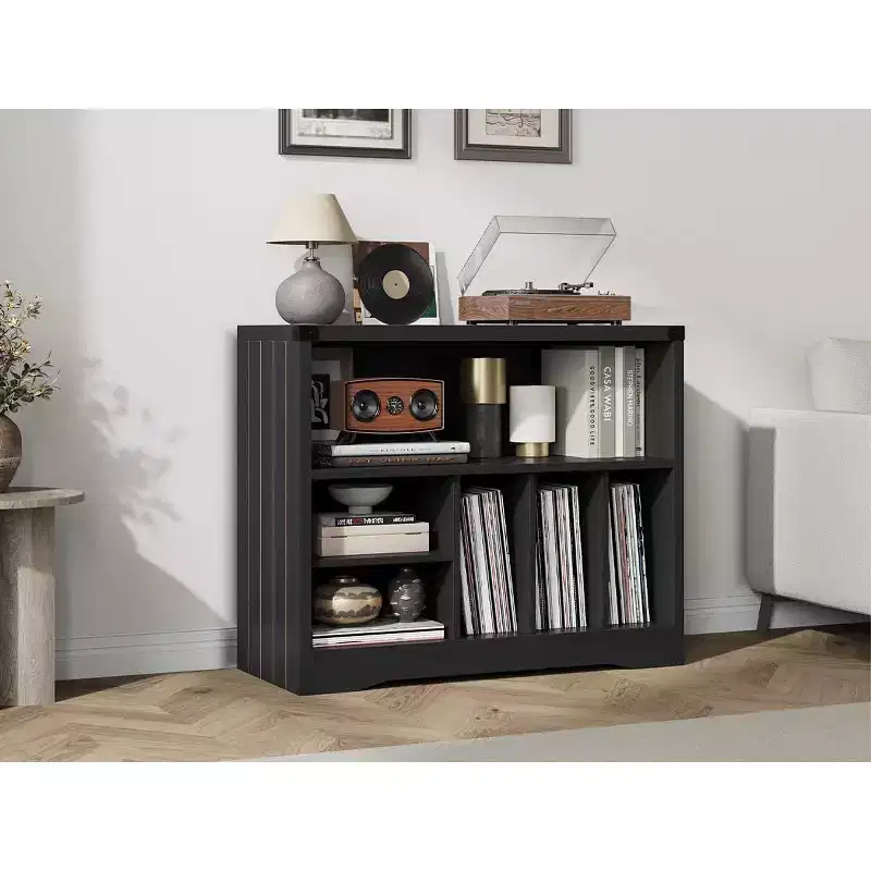 Record Player Stand, Farmhouse Turntable Stand with 6 Vinyl Storage, Vinyl Display Holder Shelf, Wooden Storage Organizer for Living Room, Black