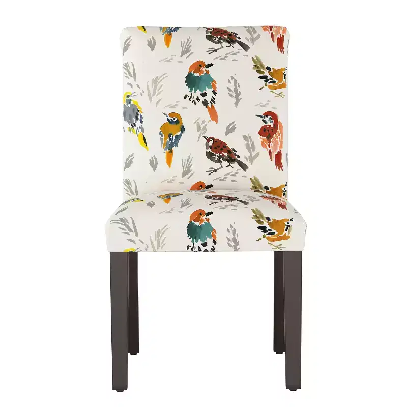Upholstered Dining Chair with Bird Print, Linen-Cotton Barrel Back