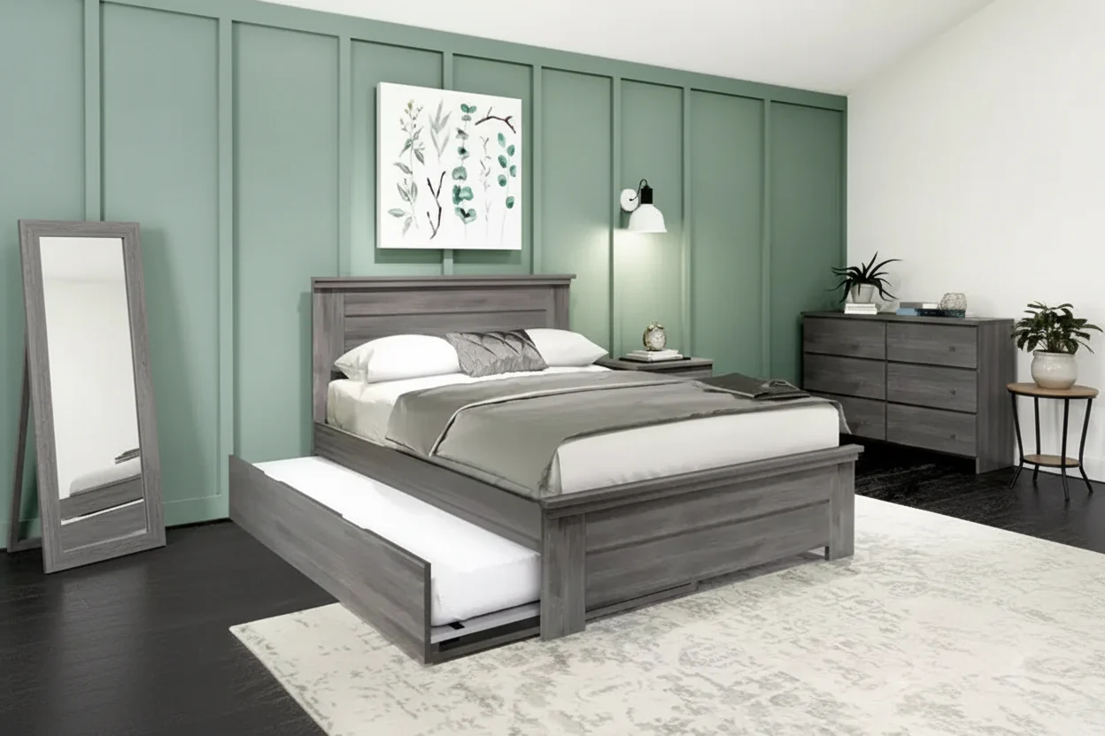 Solid Wood Farmhouse Full Bed with Panel Headboard & Trundle