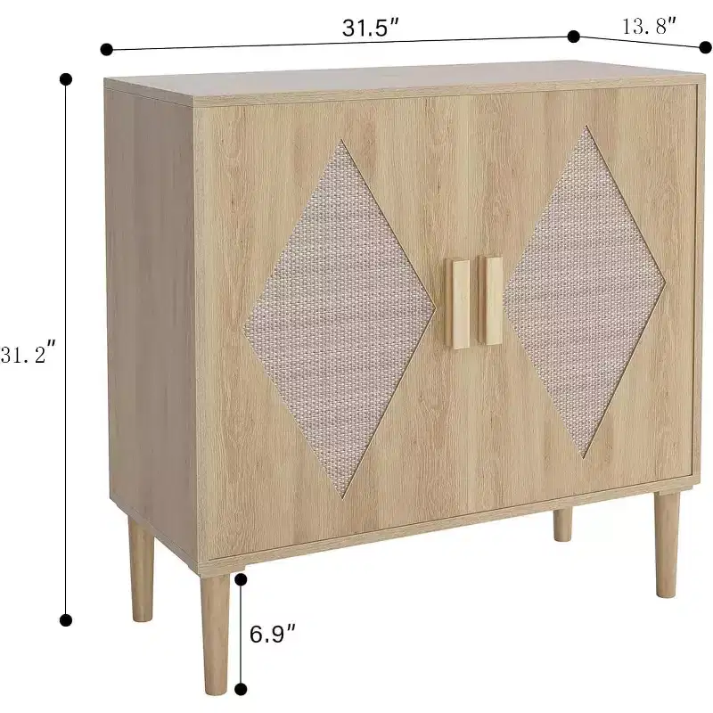 Modern Sideboard with Woven Rattan Doors  Adjustable Shelves Entryway Cabinet for Living Room, Kitchen & Hallway (Sturdy Wood Feet)