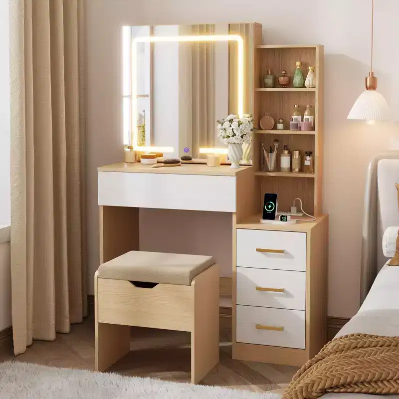 GustoWave Modern Vanity Desk Sliding Mirror 3-Color LED Lights Charging Station 4 Drawers 7 Shelves Cushioned Stool