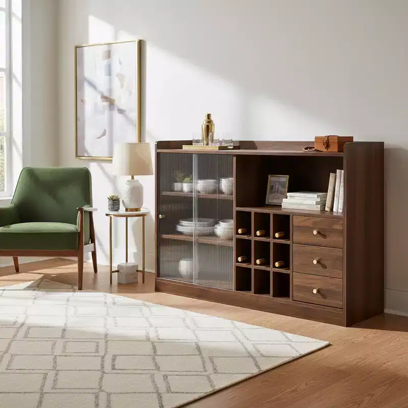Kitchen Sideboard Buffet Cabinet with Fluted Glass Doors, Drawers, and Wine Storage, Walnut