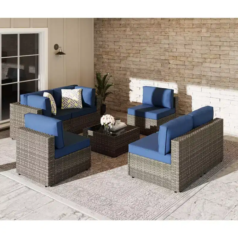 Celebalcony 7 Pieces Outdoor Patio Sectional Sofa Couch, PE Wicker Furniture Conversation Sets with Washable Cushions & Glass Coffee Table