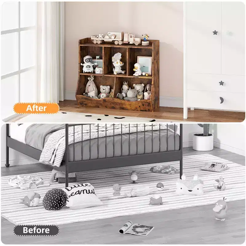 Kids Toy Organizer with 5 Cubbies & Bottom Tray, Brown/Grey/Pink/White, MDF, for 1+