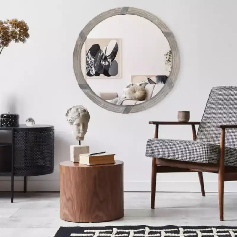 30.75 Wood Wall Mirror, Farmhouse Decorative e Round Mirror for Wall Decor in Living Room