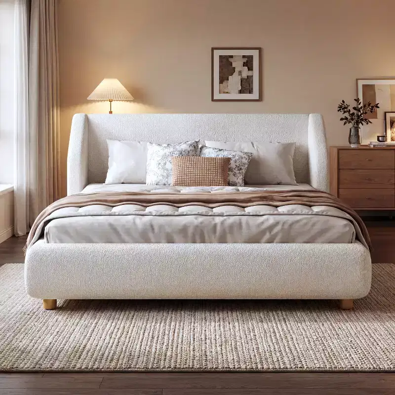 Queen/King Size Upholstered Platform Bed Frame Low Profile Bed with Padded Wingback Headboard, White - ModernLuxe