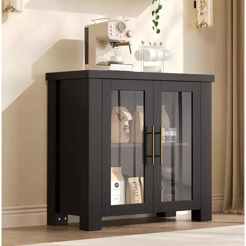 33''/59 Kitchen Buffet Cabinet with Tempered Glass Doors - Wood Sideboard Credenza for Dining Room Living Room Storage