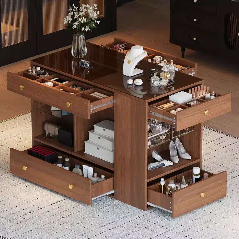Wood & MDF Closet Island with Glass Top, 6 Drawers and Open Shelves, 47.3