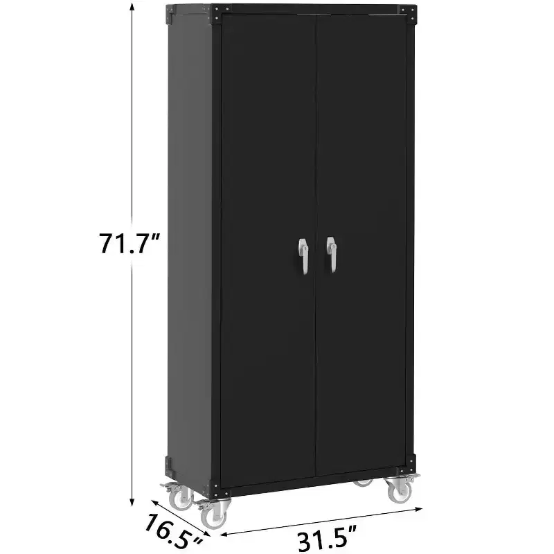 Garage Storage Cabinet with Wheels & Pegboard, 72 H Locking Metal Storage Cabinet with 2 Doors & 4 Adjustable Shelves for Garage Workshop