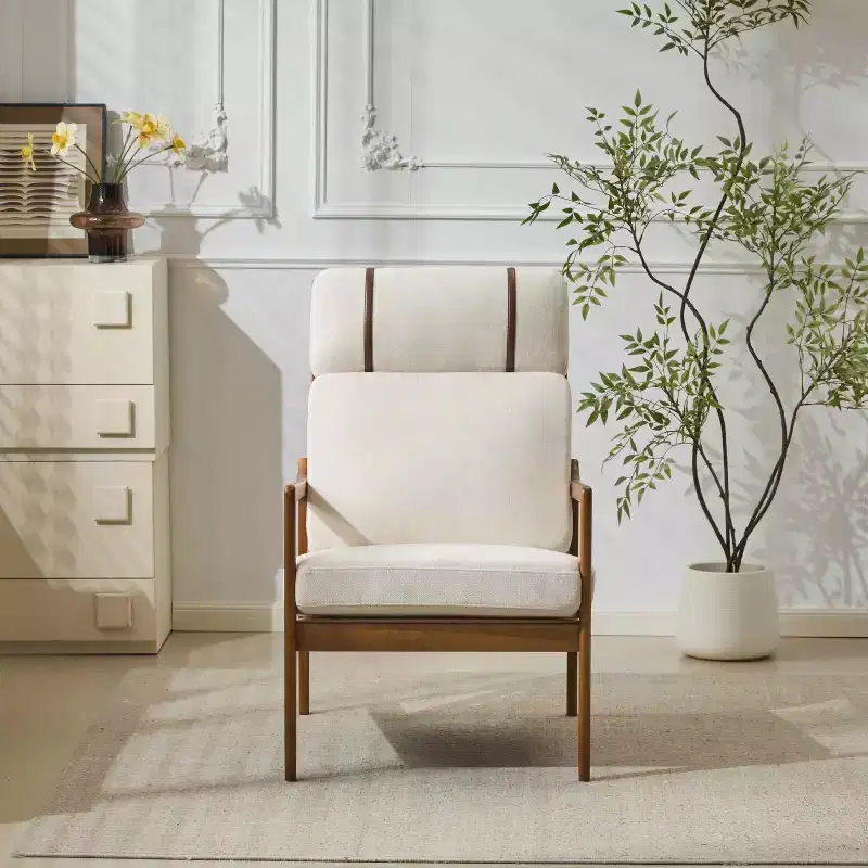 Beige Mid-Century Modern Accent Chair, Upholstered, 1-Seat