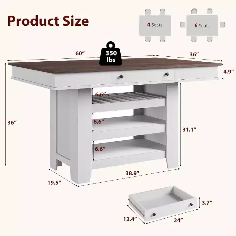 Counter Height Dining Table, 36 Tall, Farmhouse Rectangular Table with Storage, Wine Rack, Drawers, Easy Assembly