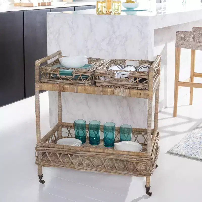 Ambrose 2 Tier Rattan Bar Cart - BCT6500A - Natural Unfinished - Safavieh