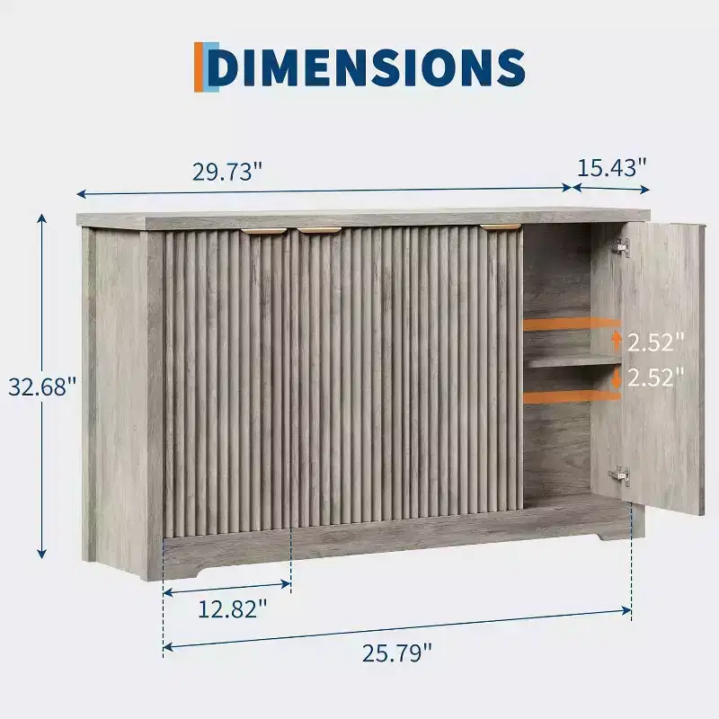 Modern Fluted Wood Sideboard Cabinet with 4 Doors and Adjustable Shelf, Spacious Tabletop, Versatile Buffet and Coffee Bar Console for Dining Room