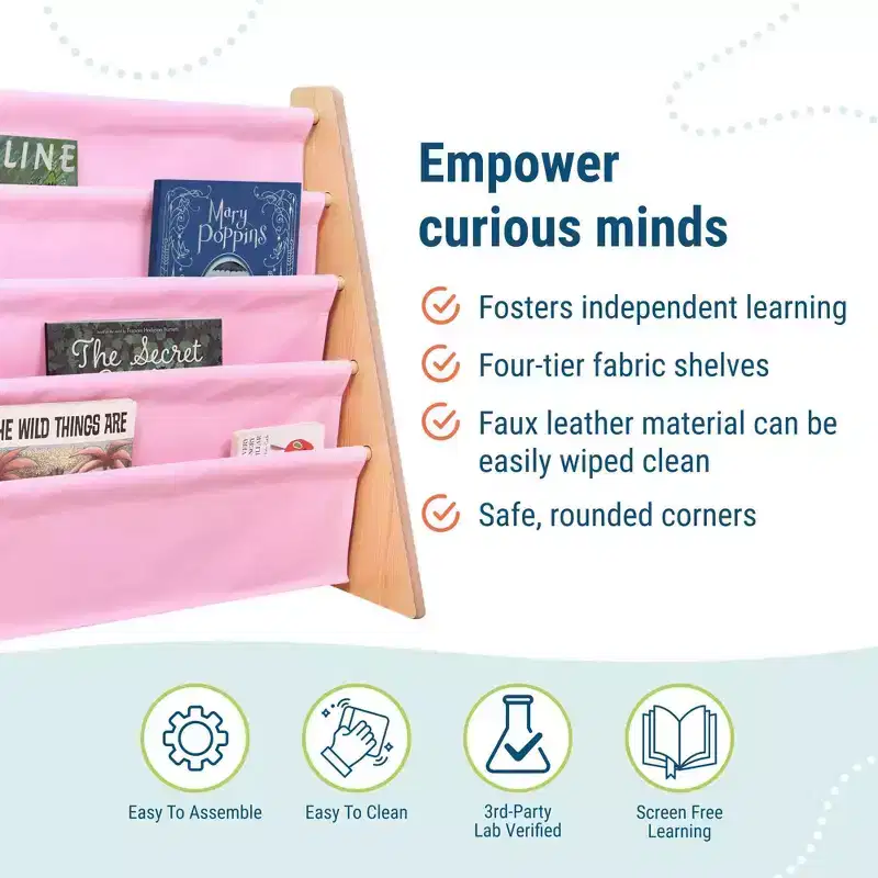 Vegan Leather Kids Sling Bookshelf – 4 Shelves, Natural Wood & Light Pink