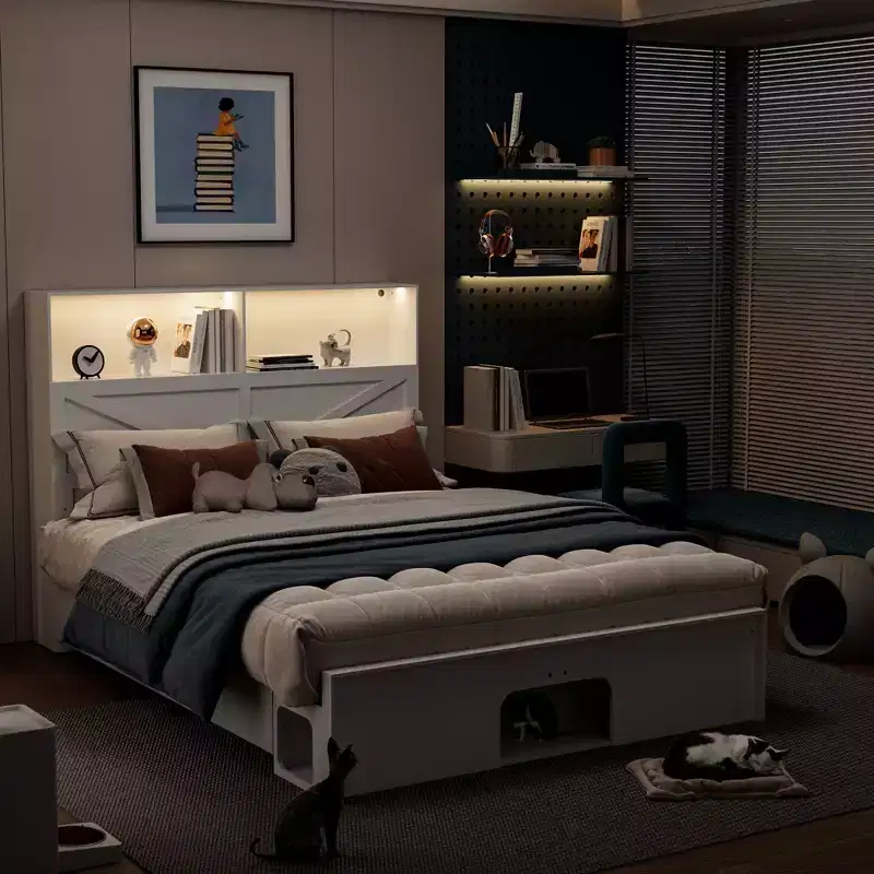 Smart Bluetooth-Enabled Bed Frame with App Control, Custom RGB Lights, Power Outlets, Open Shelves, 4 Rolling Drawers, Central Iron Frame, Pet Nook