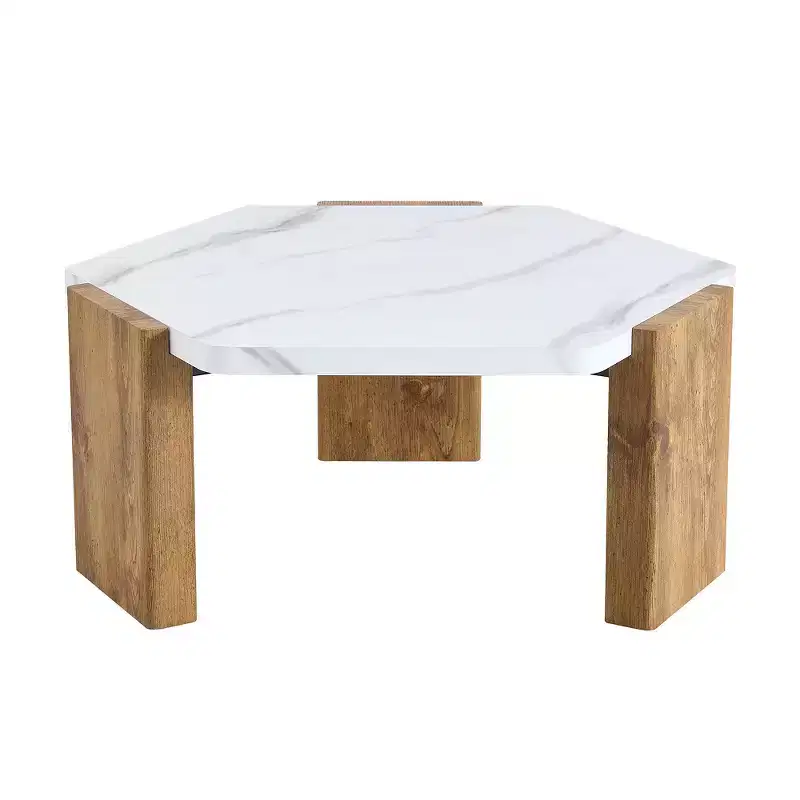 Zeus & Ruta 31-Inch Modern Hexagonal Coffee Table with White Marble Surface