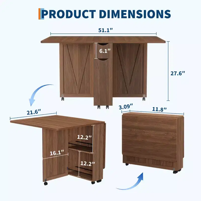 Folding Dining Table, Dining Table with Storage and Shelves, Space Saving 6-Wheel Dining Table, Kitchen Table for Small Spaces